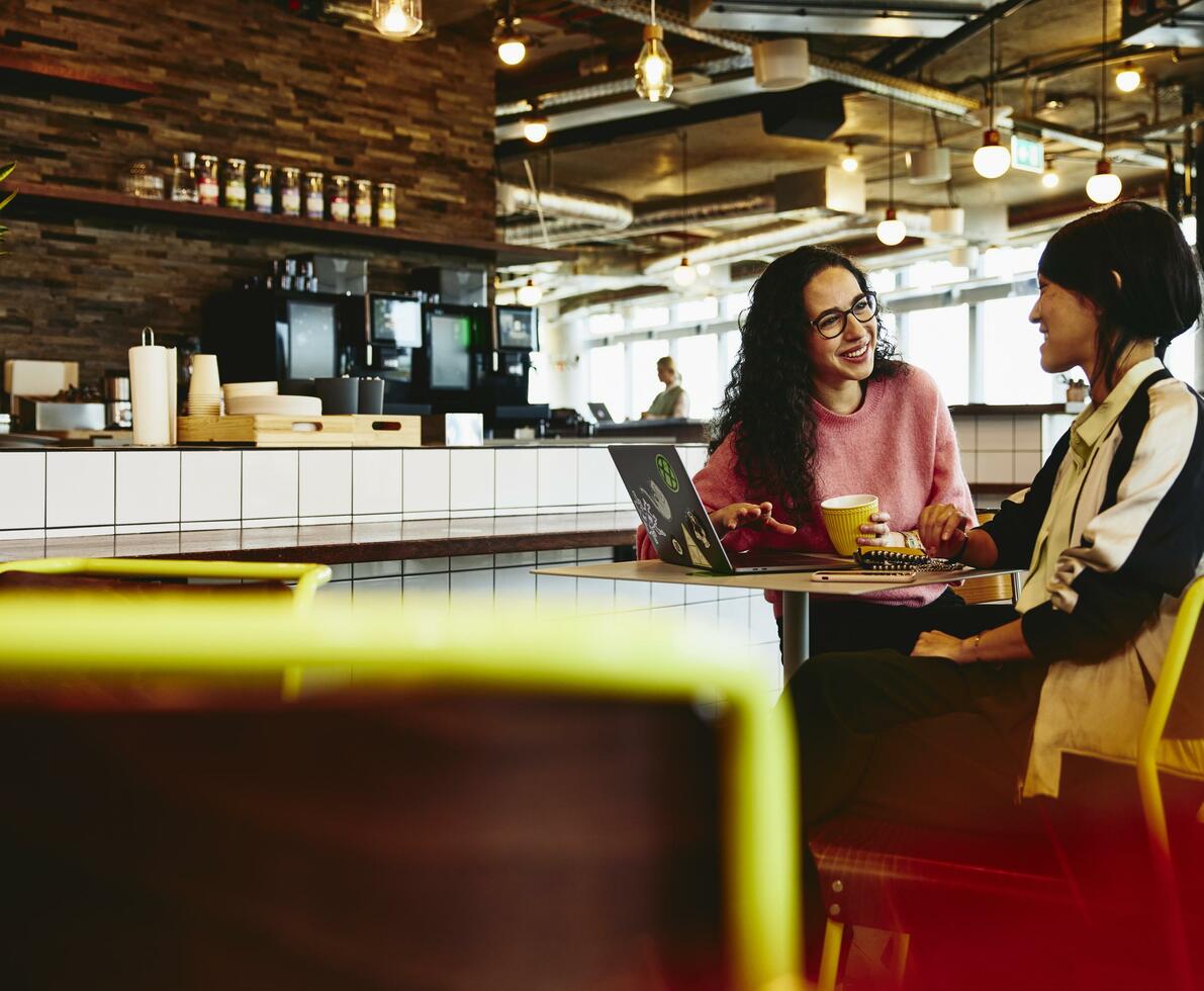 Two woman sitting in restaurant having a converstation, looking at laptop, smiling.